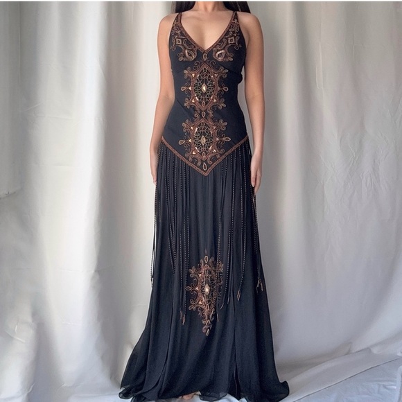 EUC Cache Silk Beaded Maxi Dress | Size 4 | Black Bronze Boho - Picture 2 of 14